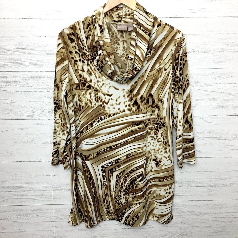 Chico's Women's Brown & Ivory Animal Print Tunic Top Cowl Neck 3/4 Sleeves Small
